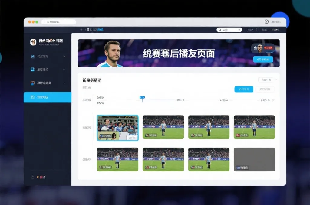 比赛结束后，电视屏幕展示集锦回放页面，旁边有时间轴和多角度切换提示